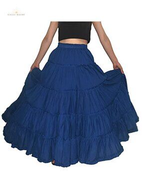 Boho Pleated Cotton Tiered Maxi Skirt A-Line Dance Full Skirt